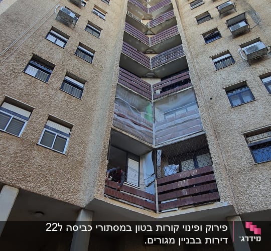 בניין עם פיגומים ועבודות שיפוץ חיצוניות